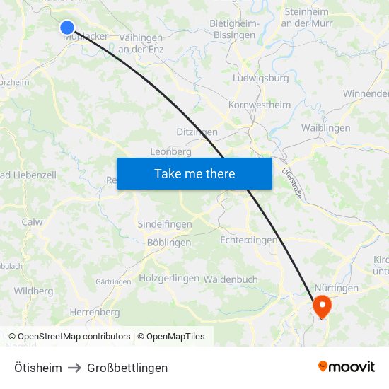 Ötisheim to Großbettlingen map