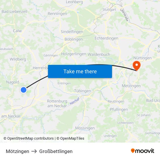 Mötzingen to Großbettlingen map