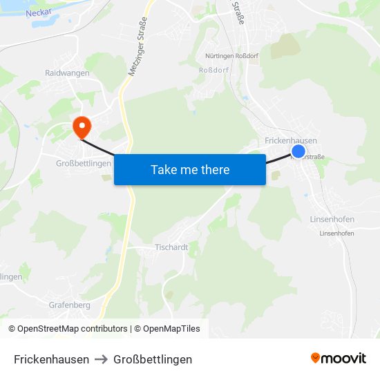 Frickenhausen to Großbettlingen map