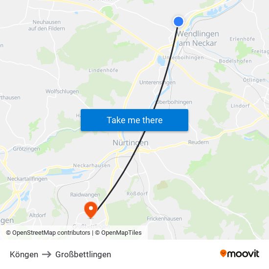 Köngen to Großbettlingen map