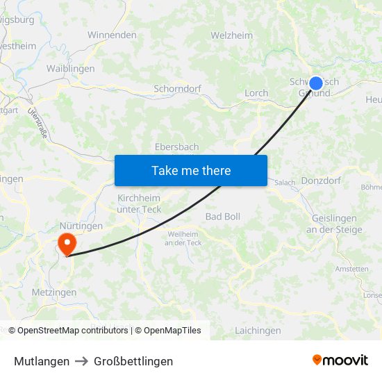 Mutlangen to Großbettlingen map