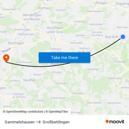 Gammelshausen to Großbettlingen map