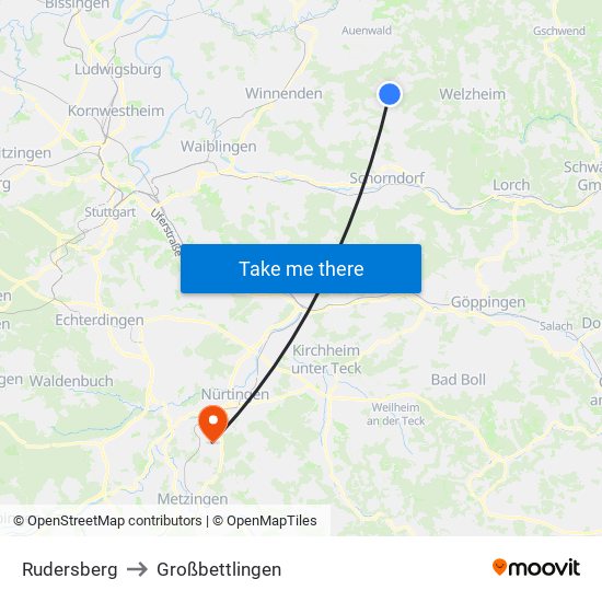 Rudersberg to Großbettlingen map
