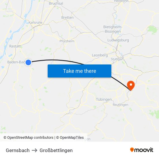 Gernsbach to Großbettlingen map