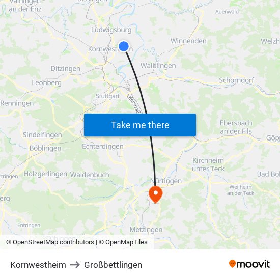 Kornwestheim to Großbettlingen map