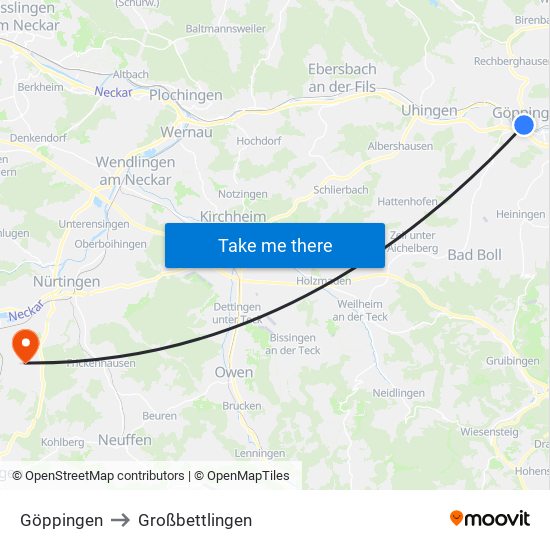 Göppingen to Großbettlingen map