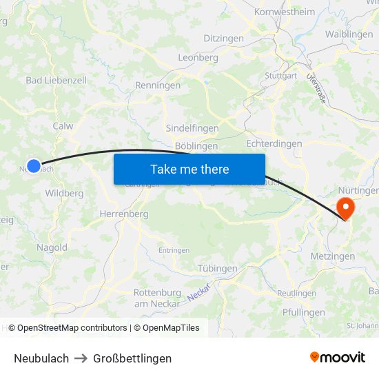 Neubulach to Großbettlingen map