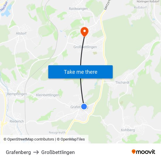 Grafenberg to Großbettlingen map