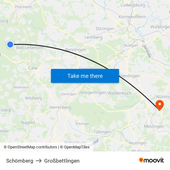 Schömberg to Großbettlingen map