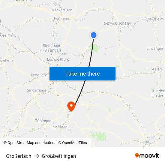 Großerlach to Großbettlingen map