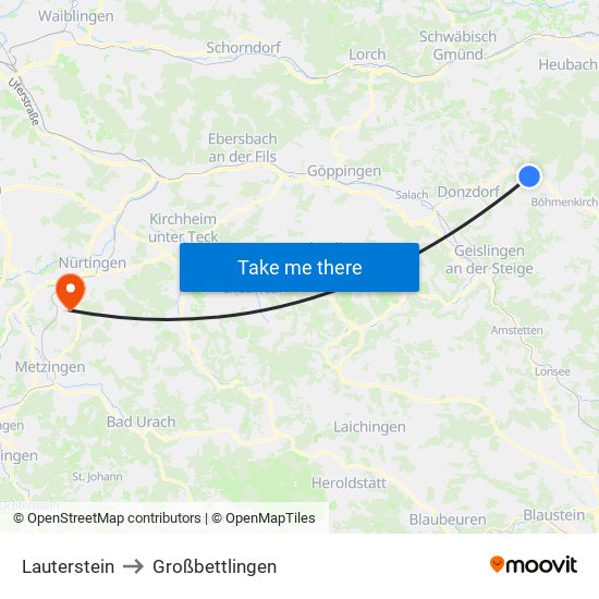 Lauterstein to Großbettlingen map