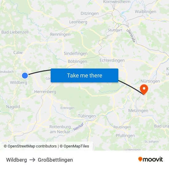 Wildberg to Großbettlingen map