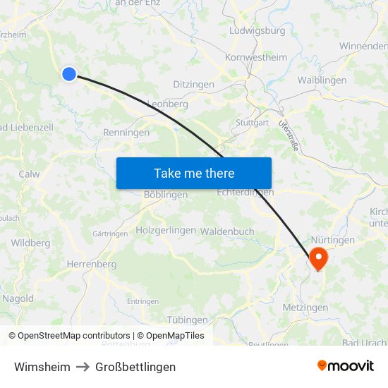 Wimsheim to Großbettlingen map