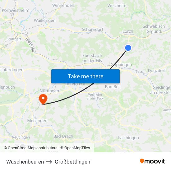 Wäschenbeuren to Großbettlingen map