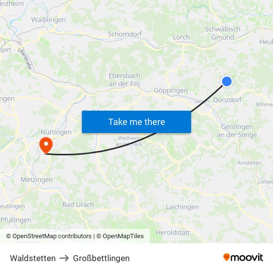 Waldstetten to Großbettlingen map