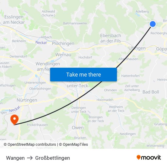 Wangen to Großbettlingen map