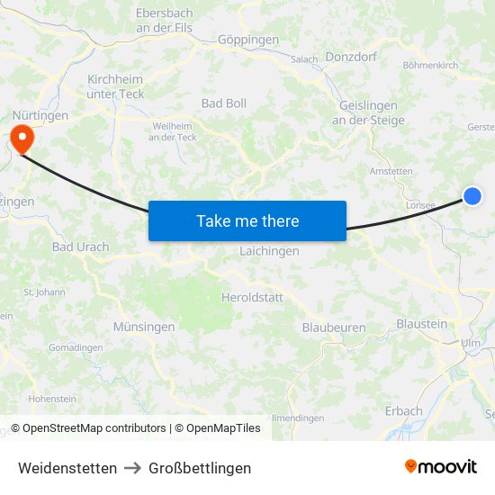 Weidenstetten to Großbettlingen map