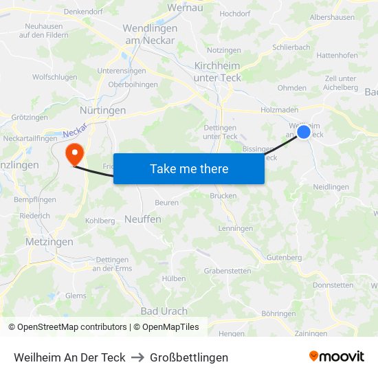 Weilheim An Der Teck to Großbettlingen map