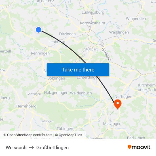 Weissach to Großbettlingen map