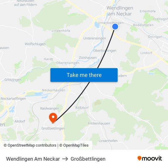 Wendlingen Am Neckar to Großbettlingen map