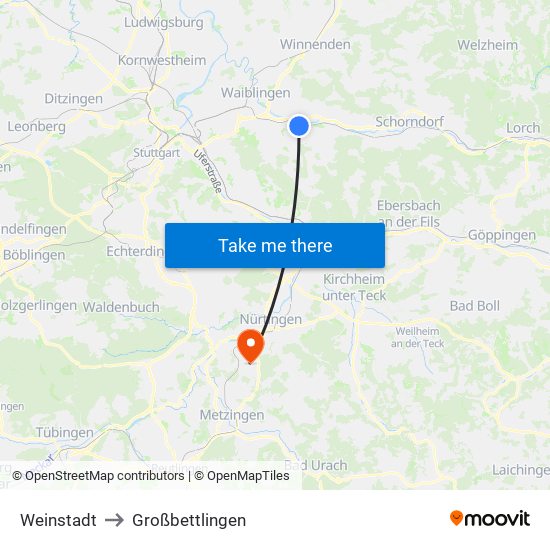 Weinstadt to Großbettlingen map