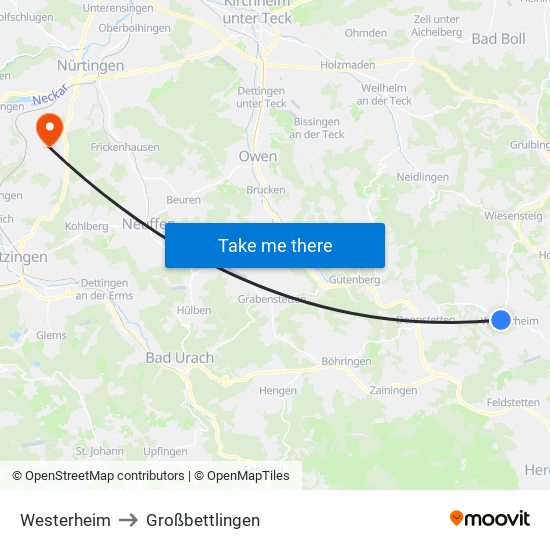 Westerheim to Großbettlingen map