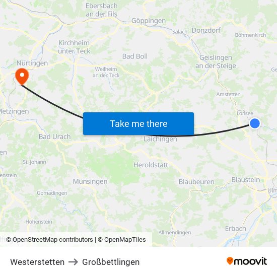 Westerstetten to Großbettlingen map