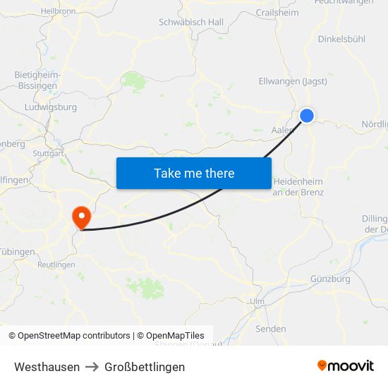 Westhausen to Großbettlingen map