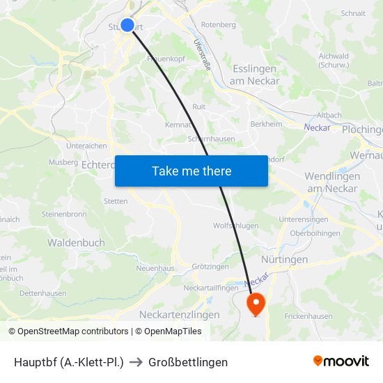 Hauptbf (A.-Klett-Pl.) to Großbettlingen map