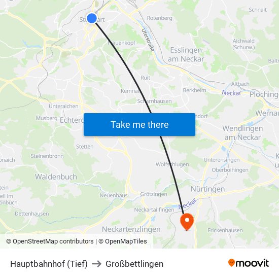 Hauptbahnhof (Tief) to Großbettlingen map