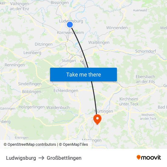 Ludwigsburg to Großbettlingen map