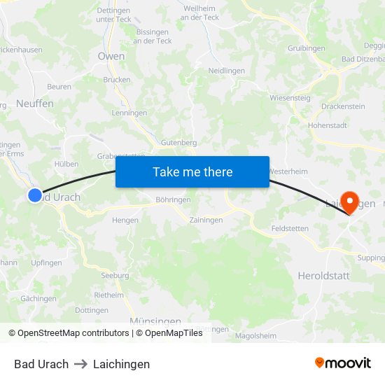Bad Urach to Laichingen map