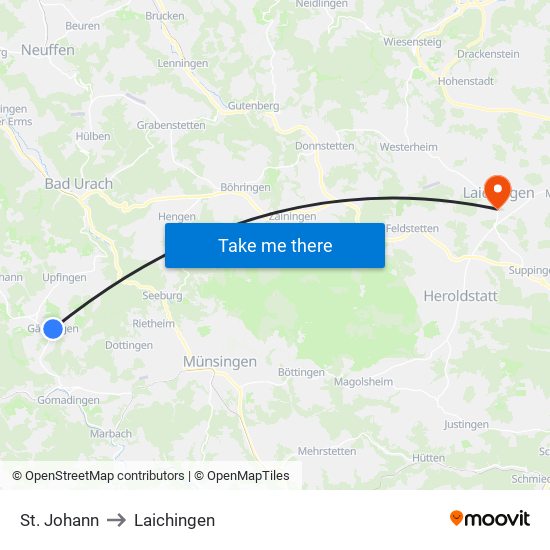 St. Johann to Laichingen map