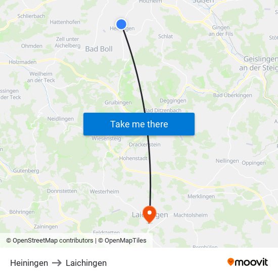 Heiningen to Laichingen map