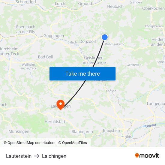 Lauterstein to Laichingen map
