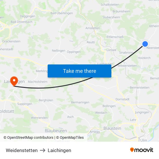 Weidenstetten to Laichingen map