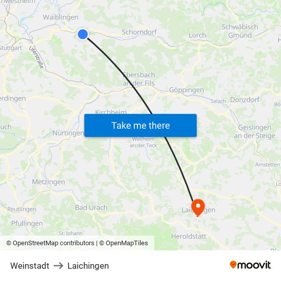 Weinstadt to Laichingen map
