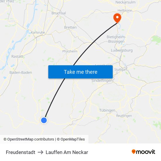 Freudenstadt to Lauffen Am Neckar map