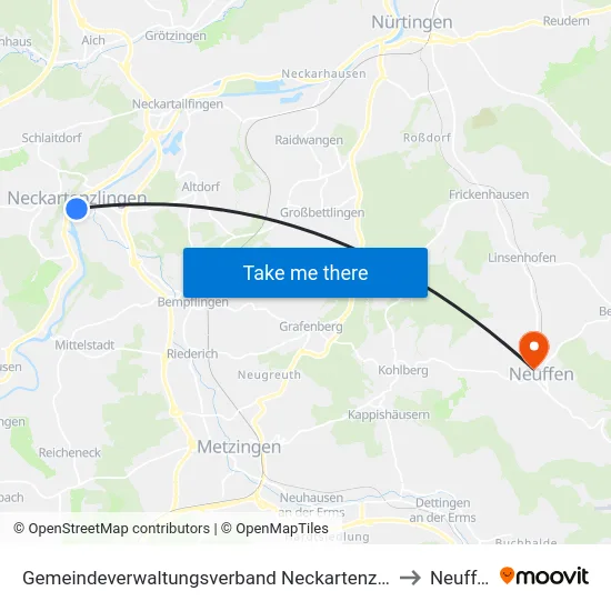 Gemeindeverwaltungsverband Neckartenzlingen to Neuffen map