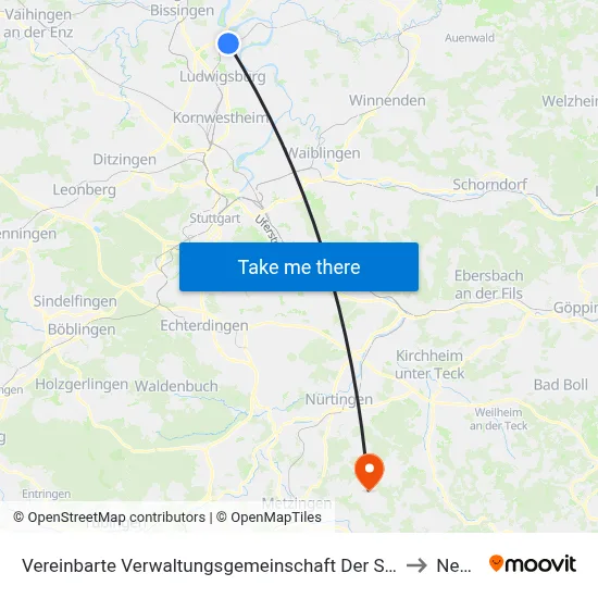 Vereinbarte Verwaltungsgemeinschaft Der Stadt Freiberg am Neckar to Neuffen map