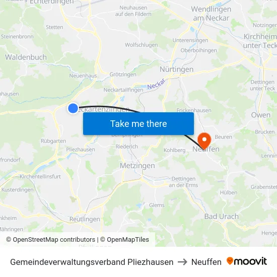 Gemeindeverwaltungsverband Pliezhausen to Neuffen map