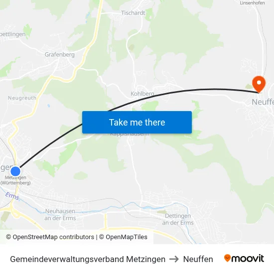 Gemeindeverwaltungsverband Metzingen to Neuffen map