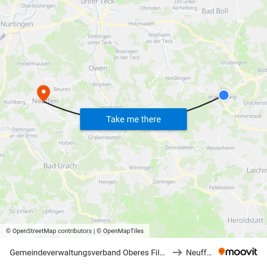 Gemeindeverwaltungsverband Oberes Filstal to Neuffen map