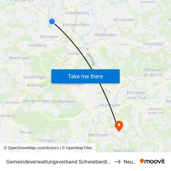 Gemeindeverwaltungsverband Schwieberdingen-Hemmingen to Neuffen map