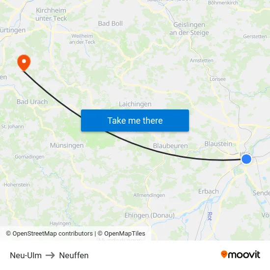 Neu-Ulm to Neuffen map