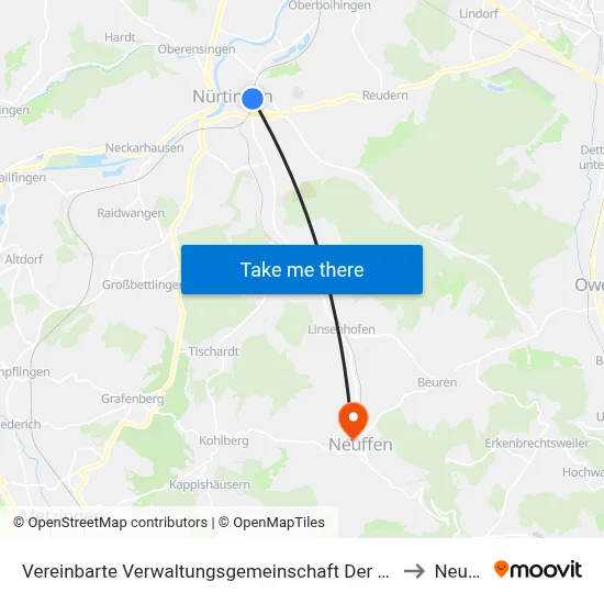 Vereinbarte Verwaltungsgemeinschaft Der Stadt Nürtingen to Neuffen map