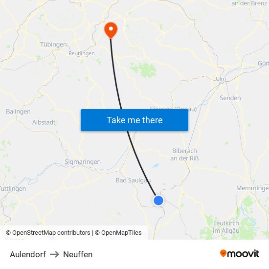 Aulendorf to Neuffen map