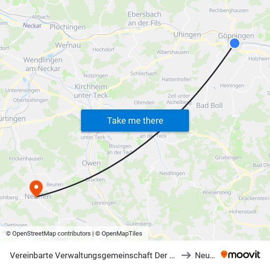 Vereinbarte Verwaltungsgemeinschaft Der Stadt Göppingen to Neuffen map