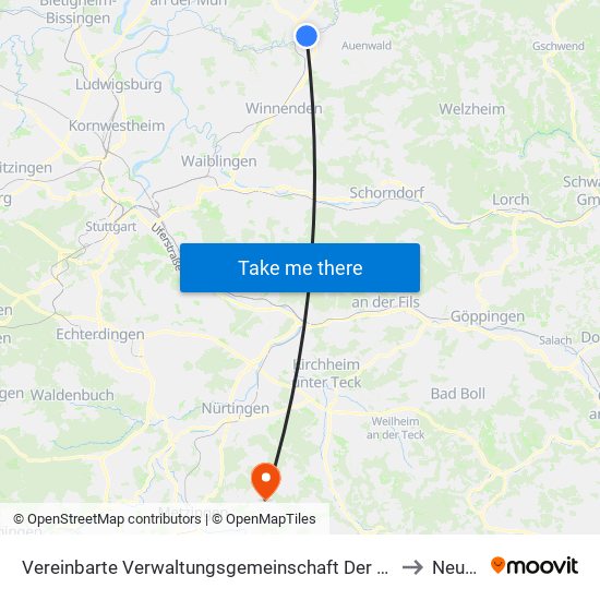 Vereinbarte Verwaltungsgemeinschaft Der Stadt Backnang to Neuffen map