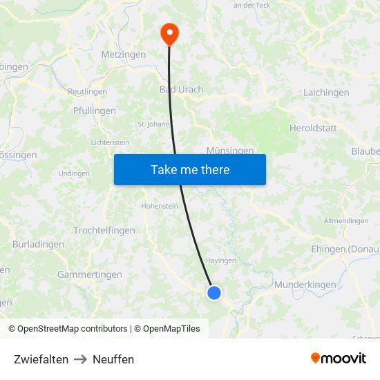 Zwiefalten to Neuffen map